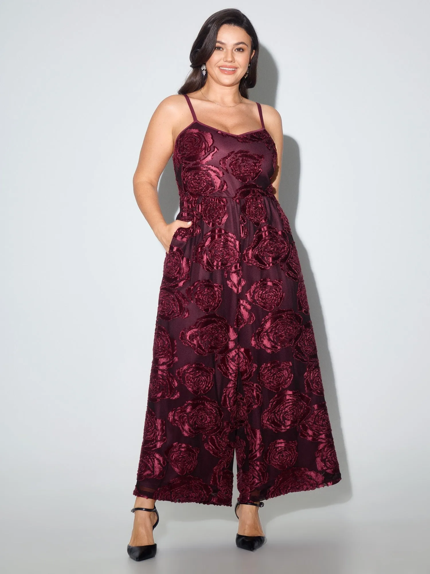 Rose Embroidered Spaghetti Strap Wide Leg Jumpsuit sold by Bloomchic