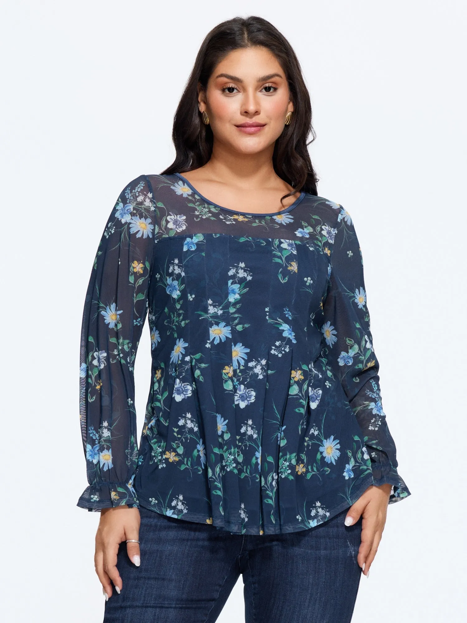 Floral Print Sheer Mesh Pleated Front Chiffon Blouse sold by Bloomchic