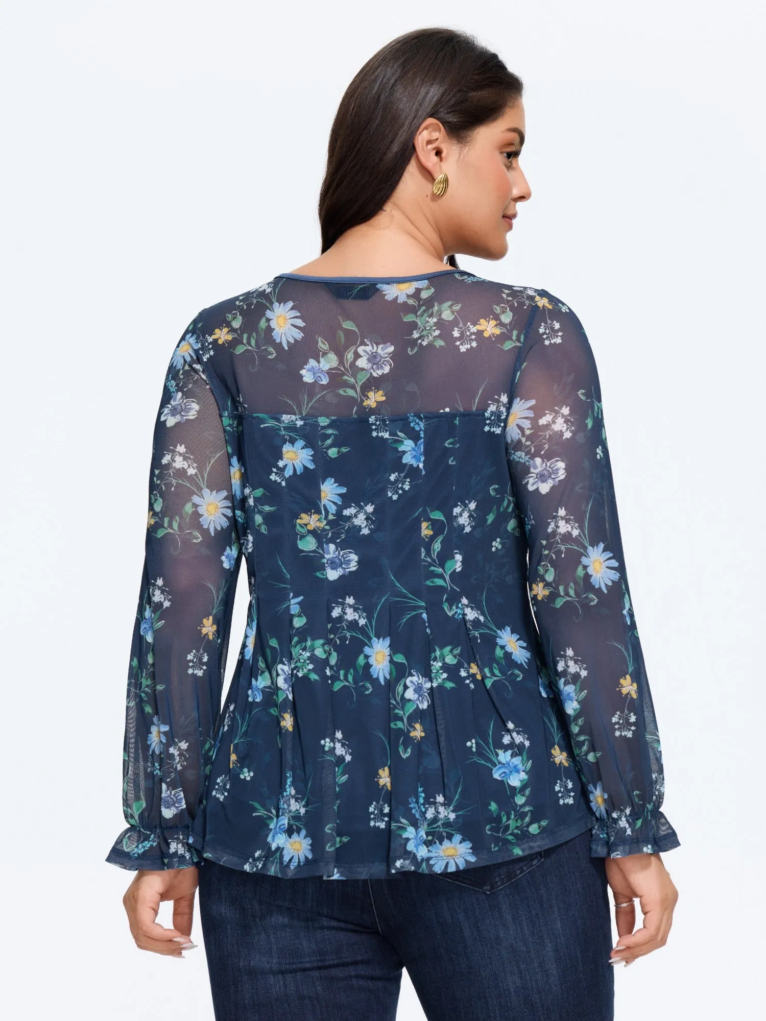 Floral Print Sheer Mesh Pleated Front Chiffon Blouse sold by Bloomchic product image thumbnail 3