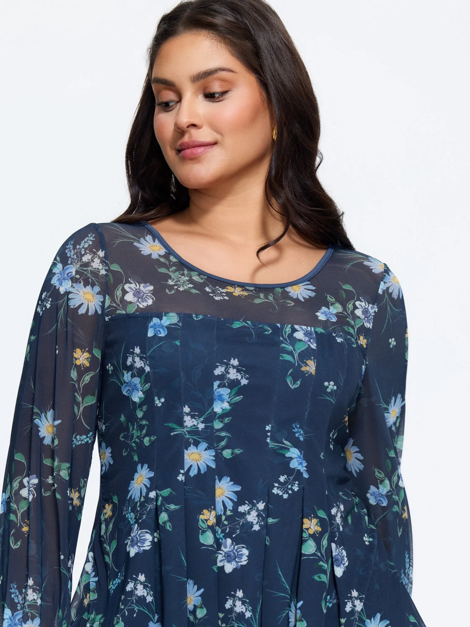 Floral Print Sheer Mesh Pleated Front Chiffon Blouse sold by Bloomchic product image thumbnail 2