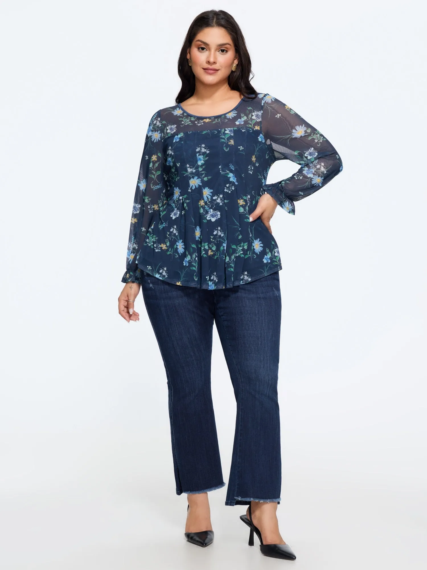 Floral Print Sheer Mesh Pleated Front Chiffon Blouse sold by Bloomchic product image thumbnail 4