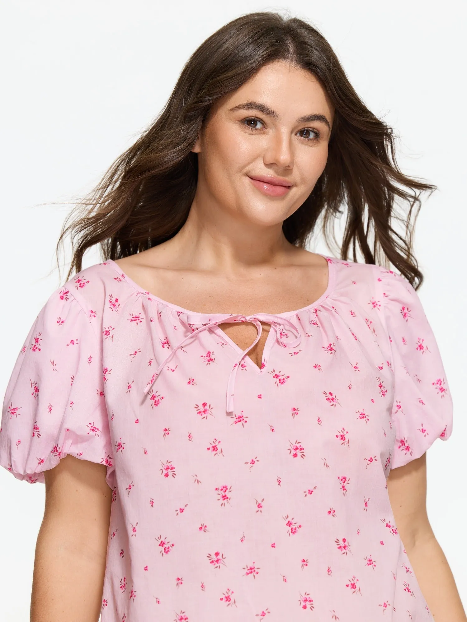 Cotton Floral Print Puff Sleeve Tie‑Neck Nightgown sold by Bloomchic product image thumbnail 2