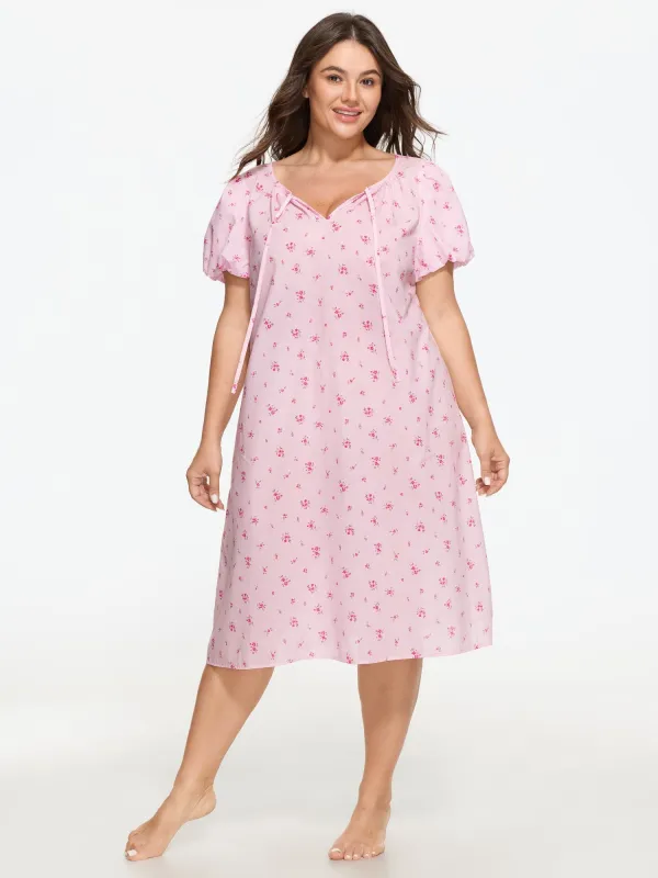Cotton Floral Print Puff Sleeve Tie‑Neck Nightgown made by Bloomchic