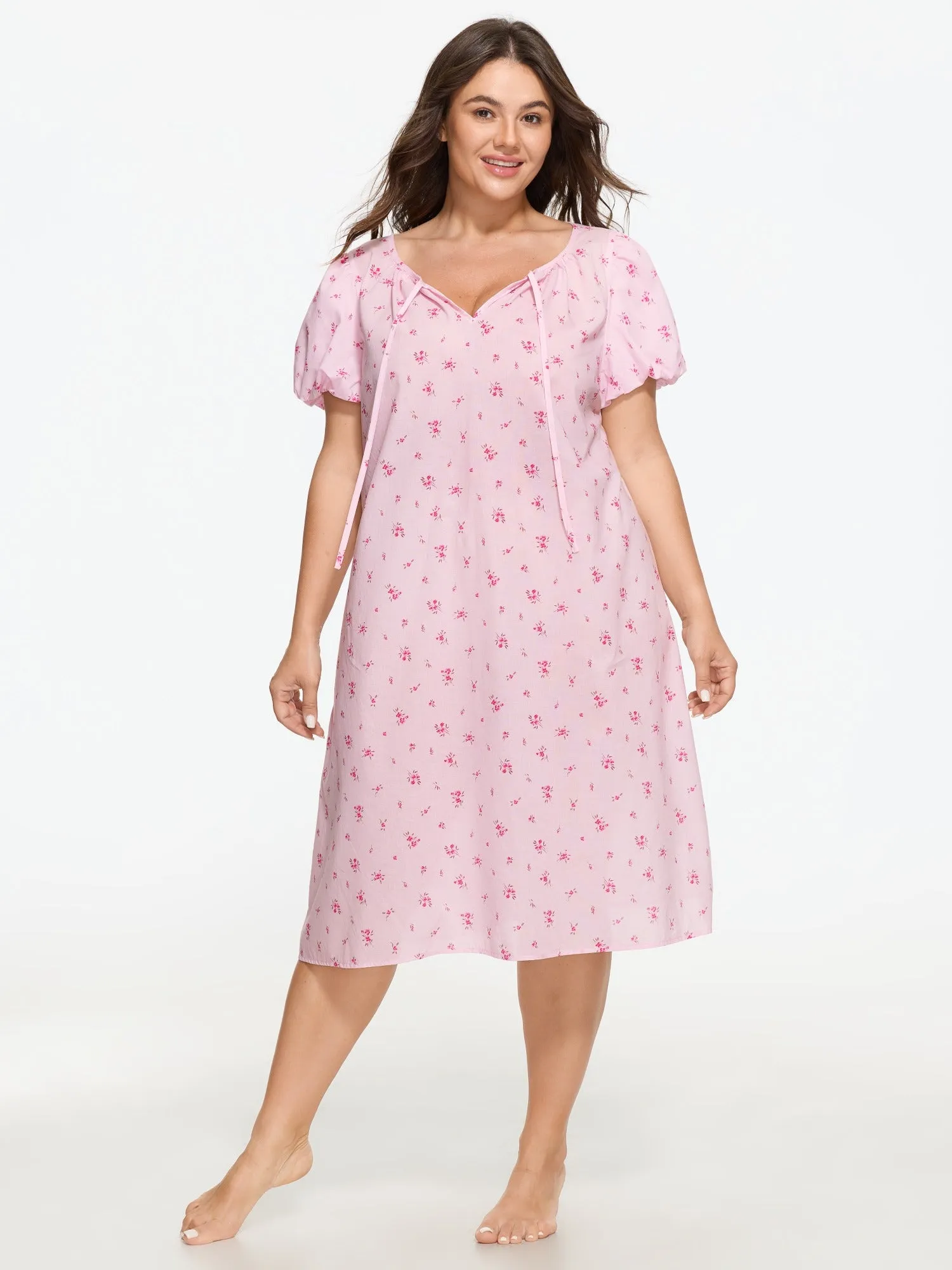 Cotton Floral Print Puff Sleeve Tie‑Neck Nightgown sold by Bloomchic