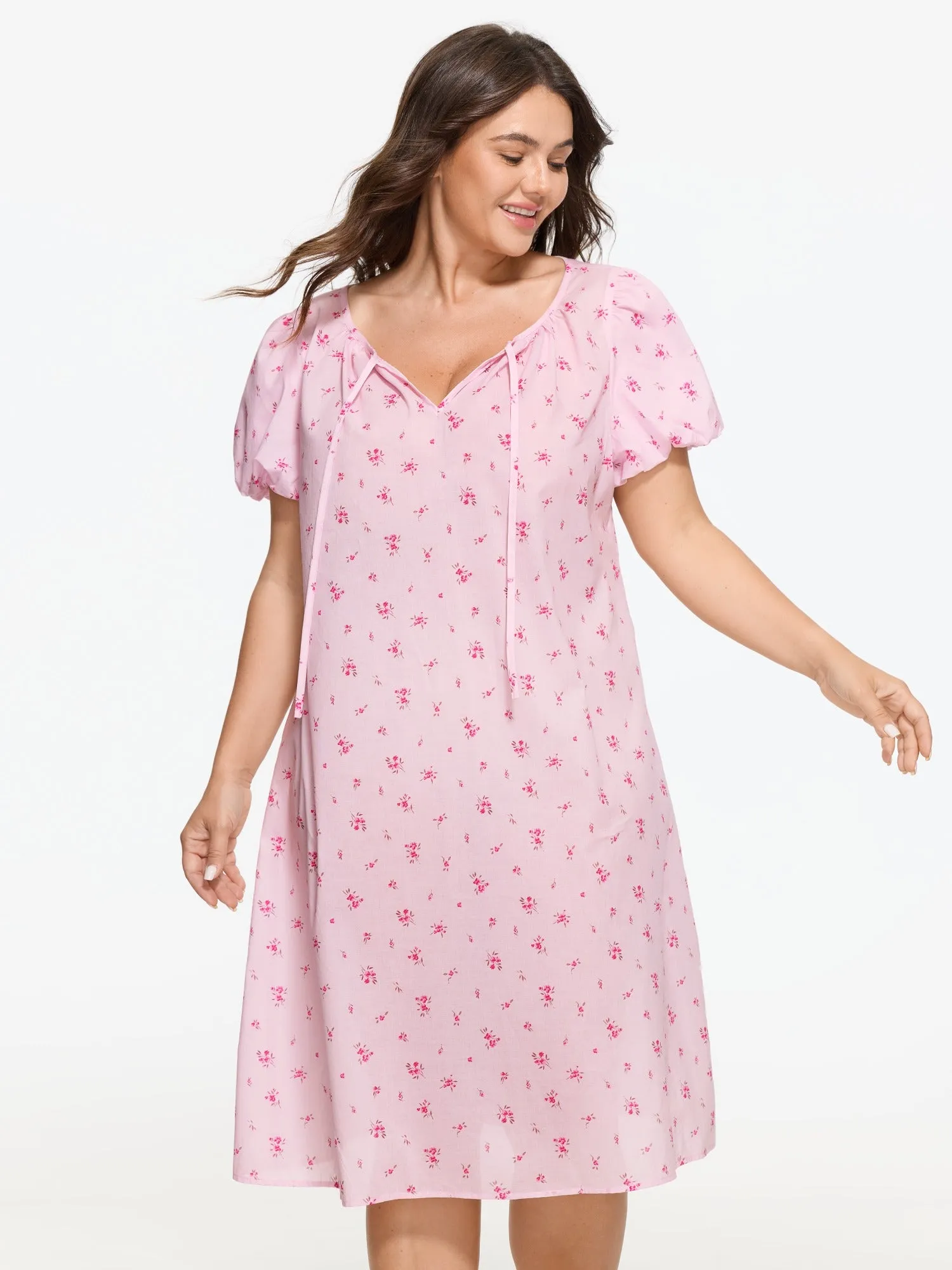 Cotton Floral Print Puff Sleeve Tie‑Neck Nightgown sold by Bloomchic product image thumbnail 4
