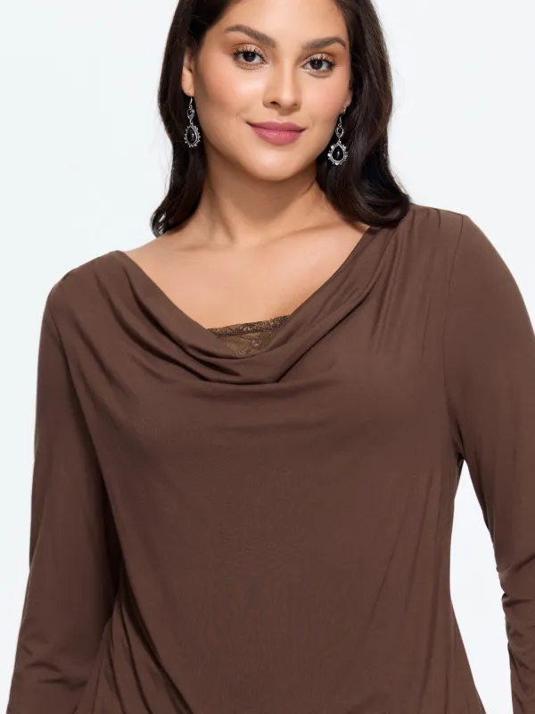 Cowl Neck Draped Lace Detail Fitted T-Shirt made by Bloomchic