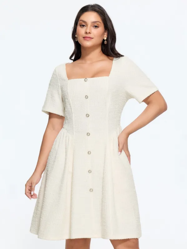Tweed Square Neck Button Front Mini Dress made by Bloomchic