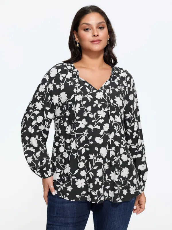 Floral Print Tie Neck Loose Blouse made by Bloomchic