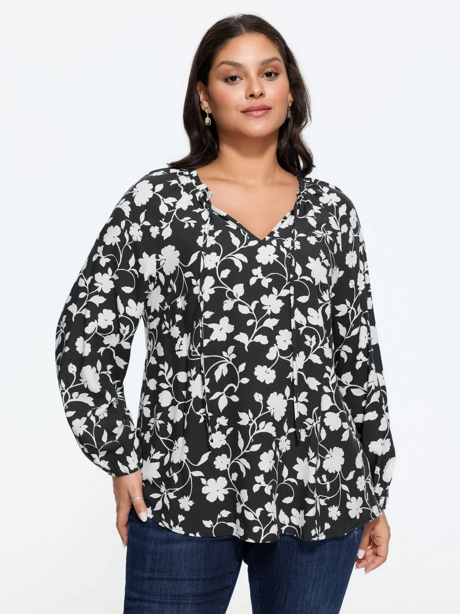 Floral Print Tie Neck Loose Blouse sold by Bloomchic