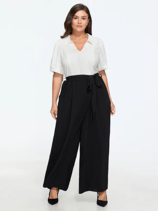 Contrast Color Pleated Tie Waist Wide Leg Jumpsuit made by Bloomchic