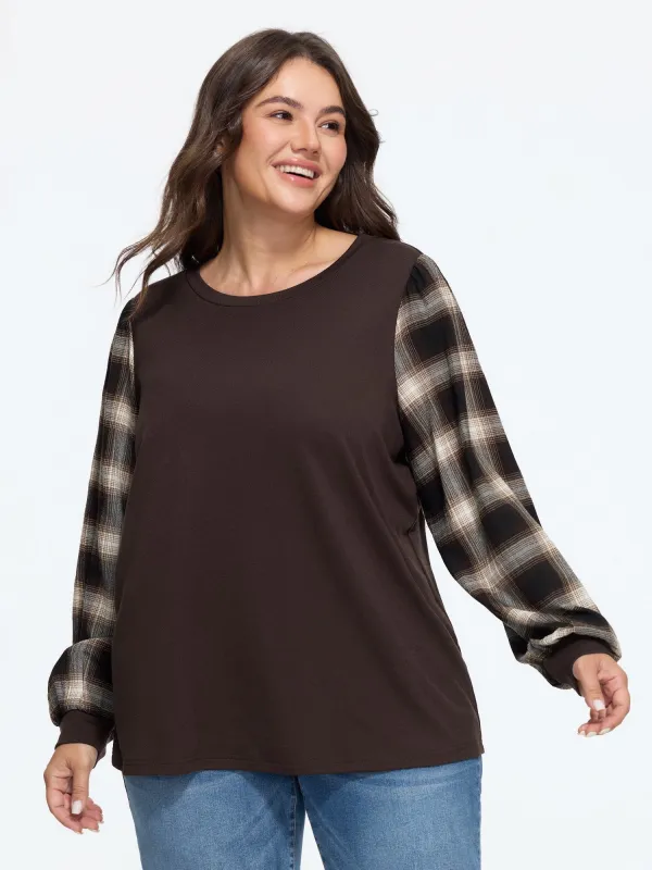 Crew Neck Contrast Plaid Lantern Sleeve Patchwork Sweatshirt made by Bloomchic