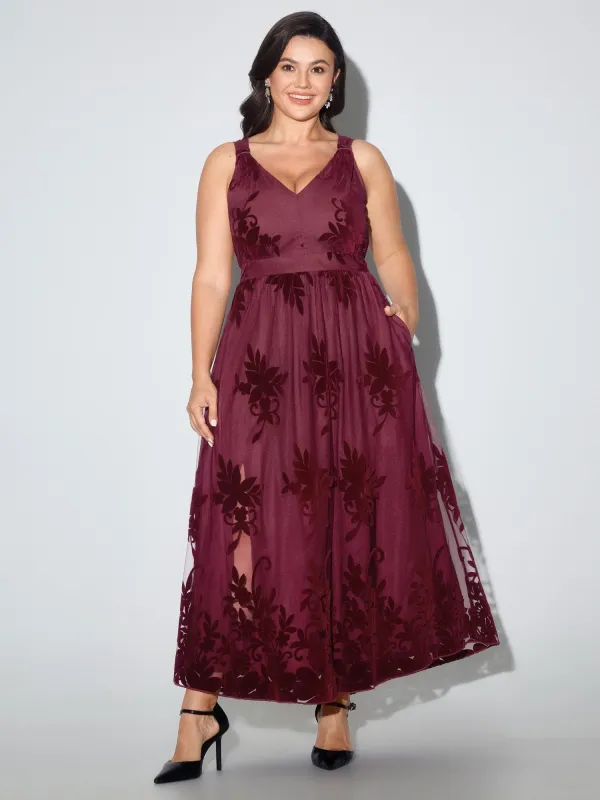 Floral Flocked Mesh V‑Neck Maxi Dress made by Bloomchic