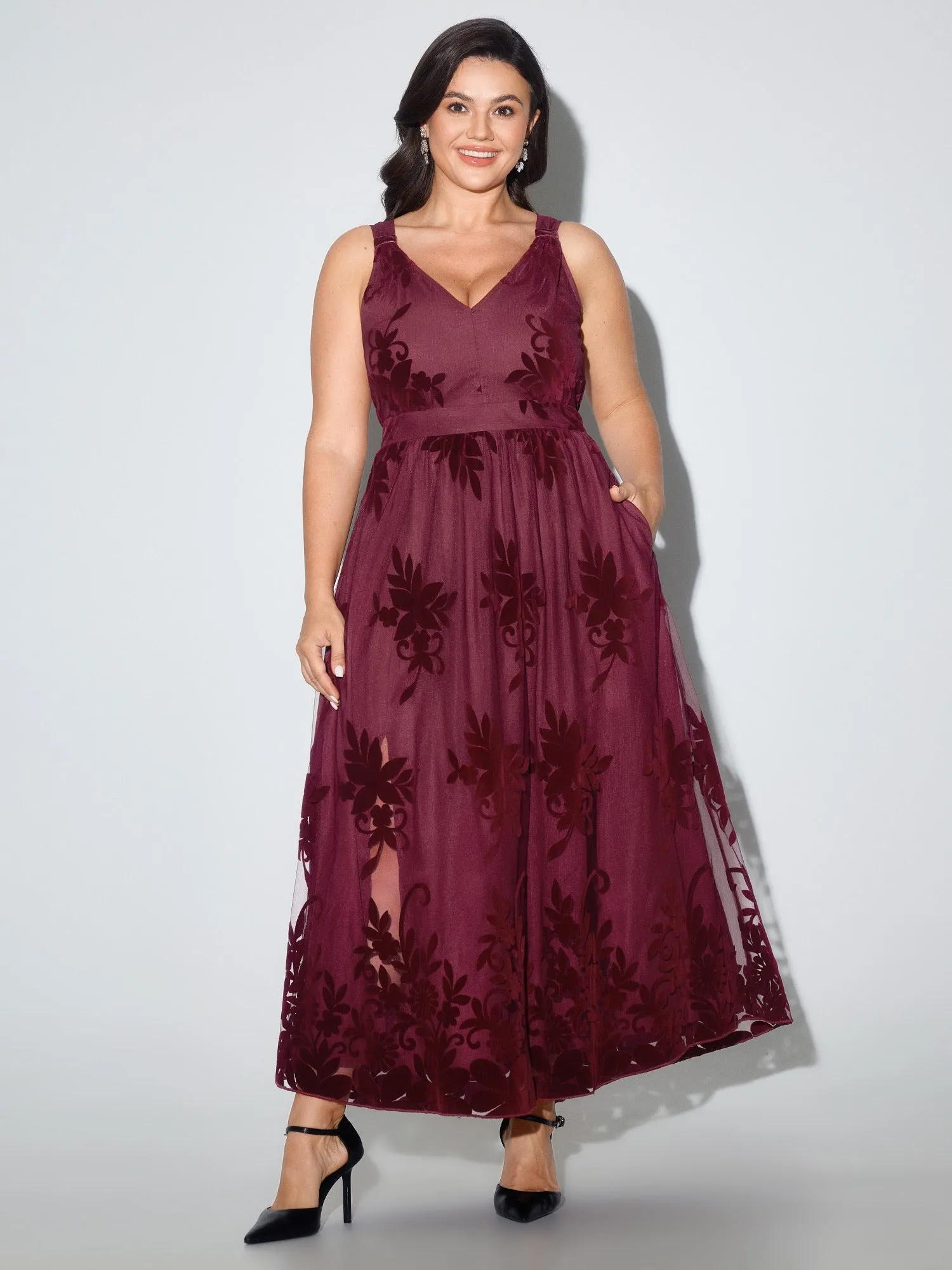 Floral Flocked Mesh V‑Neck Maxi Dress sold by Bloomchic