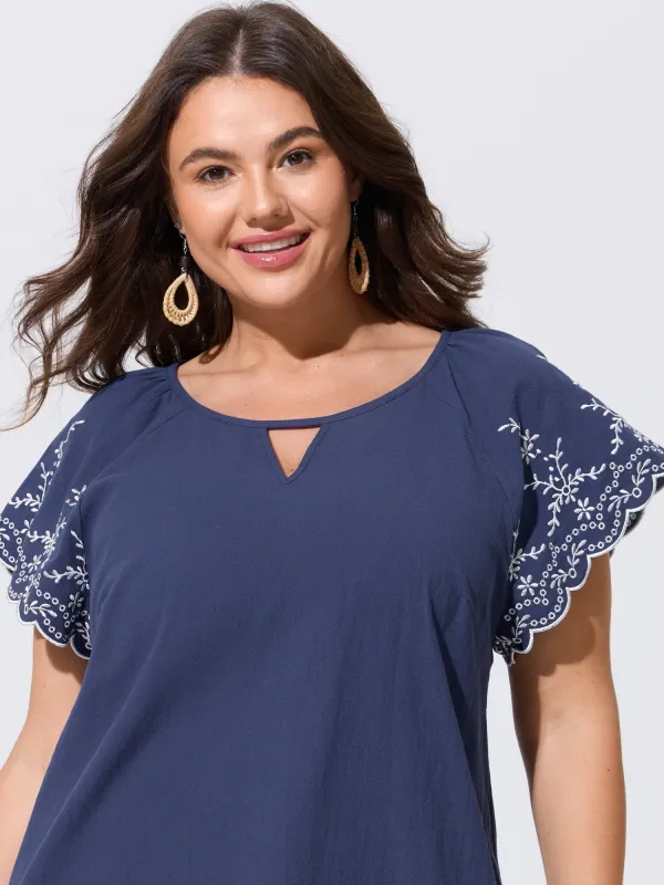 Floral Embroidered Scalloped Flutter Sleeve Blouse made by Bloomchic