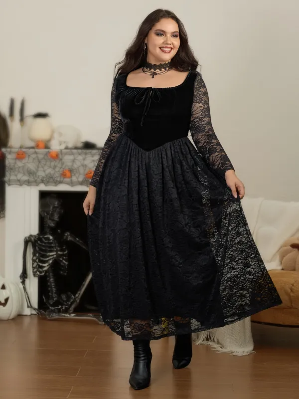 Square Neck Velvet Bodice Full Lace Gothic Maxi Dress made by Bloomchic