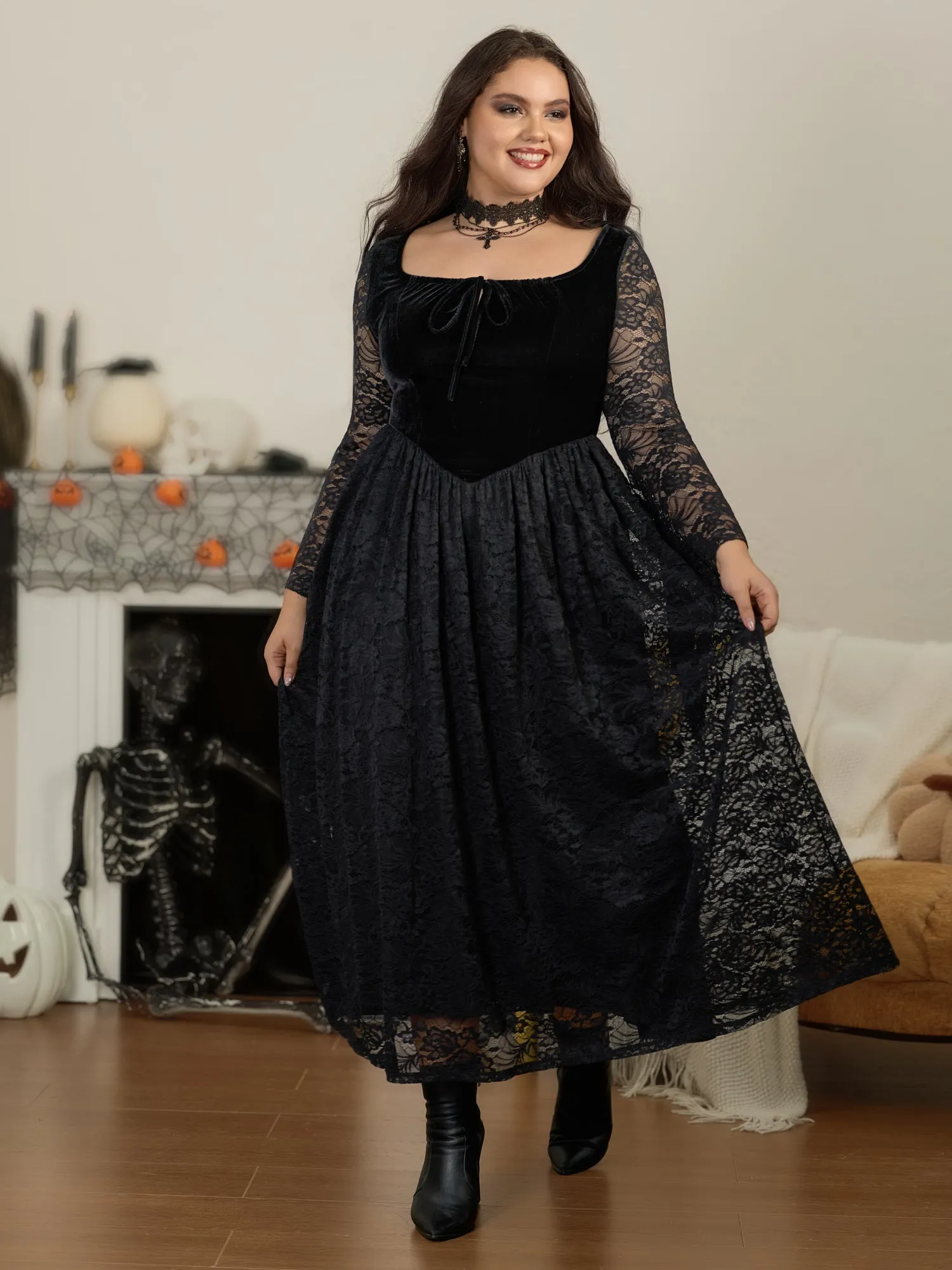 Square Neck Velvet Bodice Full Lace Gothic Maxi Dress sold by Bloomchic