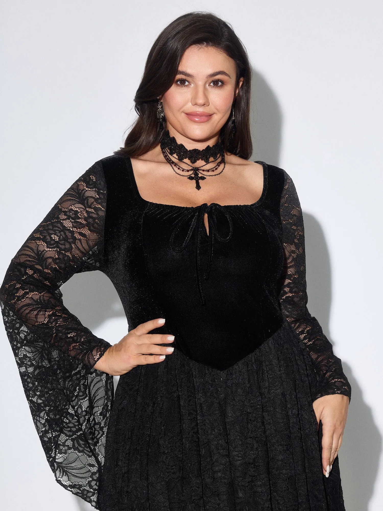 Square Neck Velvet Bodice Full Lace Gothic Maxi Dress sold by Bloomchic product image thumbnail 3