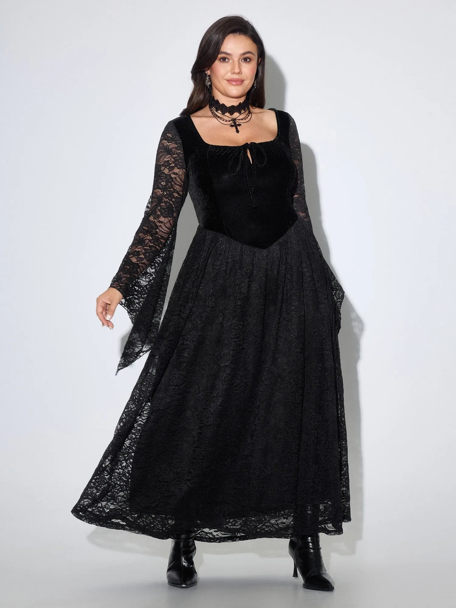 Square Neck Velvet Bodice Full Lace Gothic Maxi Dress sold by Bloomchic product image thumbnail 2