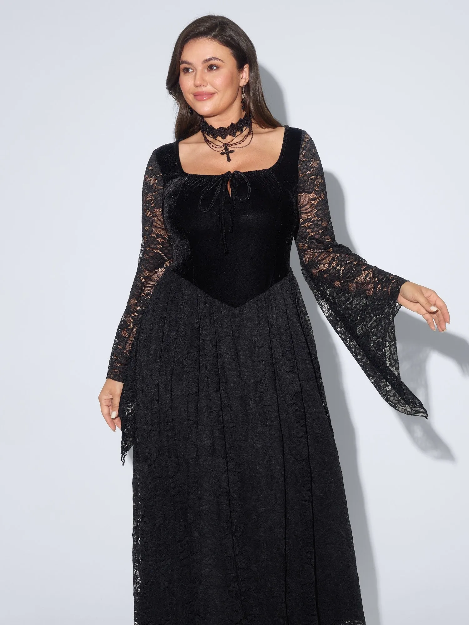 Square Neck Velvet Bodice Full Lace Gothic Maxi Dress sold by Bloomchic product image thumbnail 5