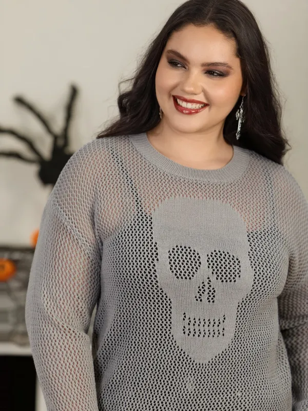 Sheer Skull Hollow‑Out Jacquard Crew Neck Pullover made by Bloomchic