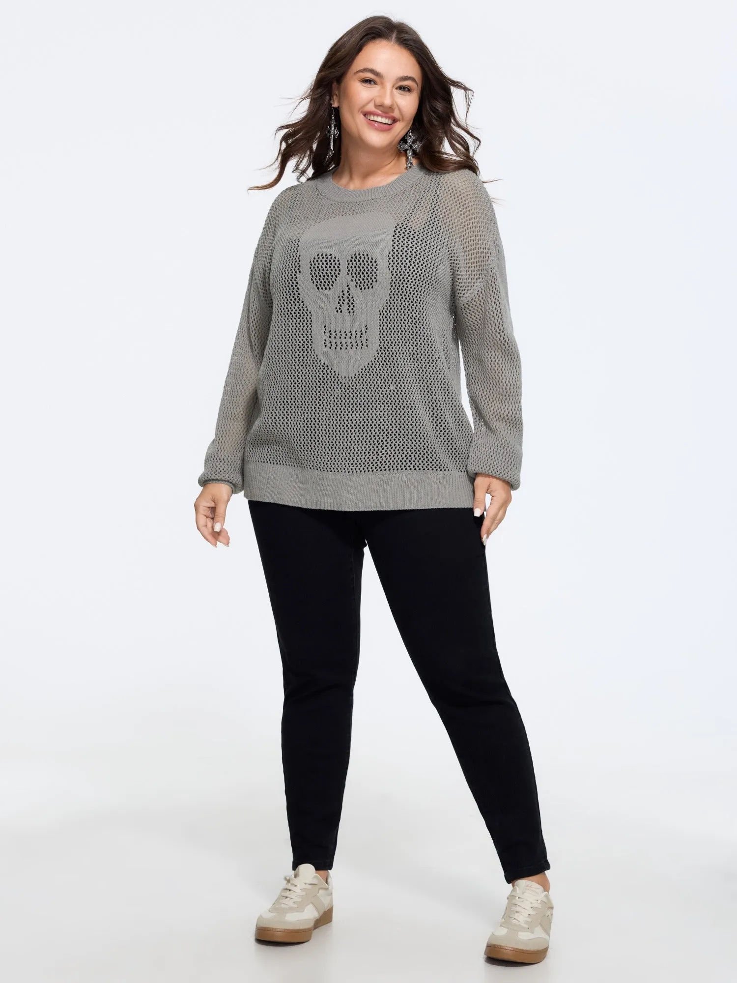 Sheer Skull Hollow‑Out Jacquard Crew Neck Pullover sold by Bloomchic product image thumbnail 5