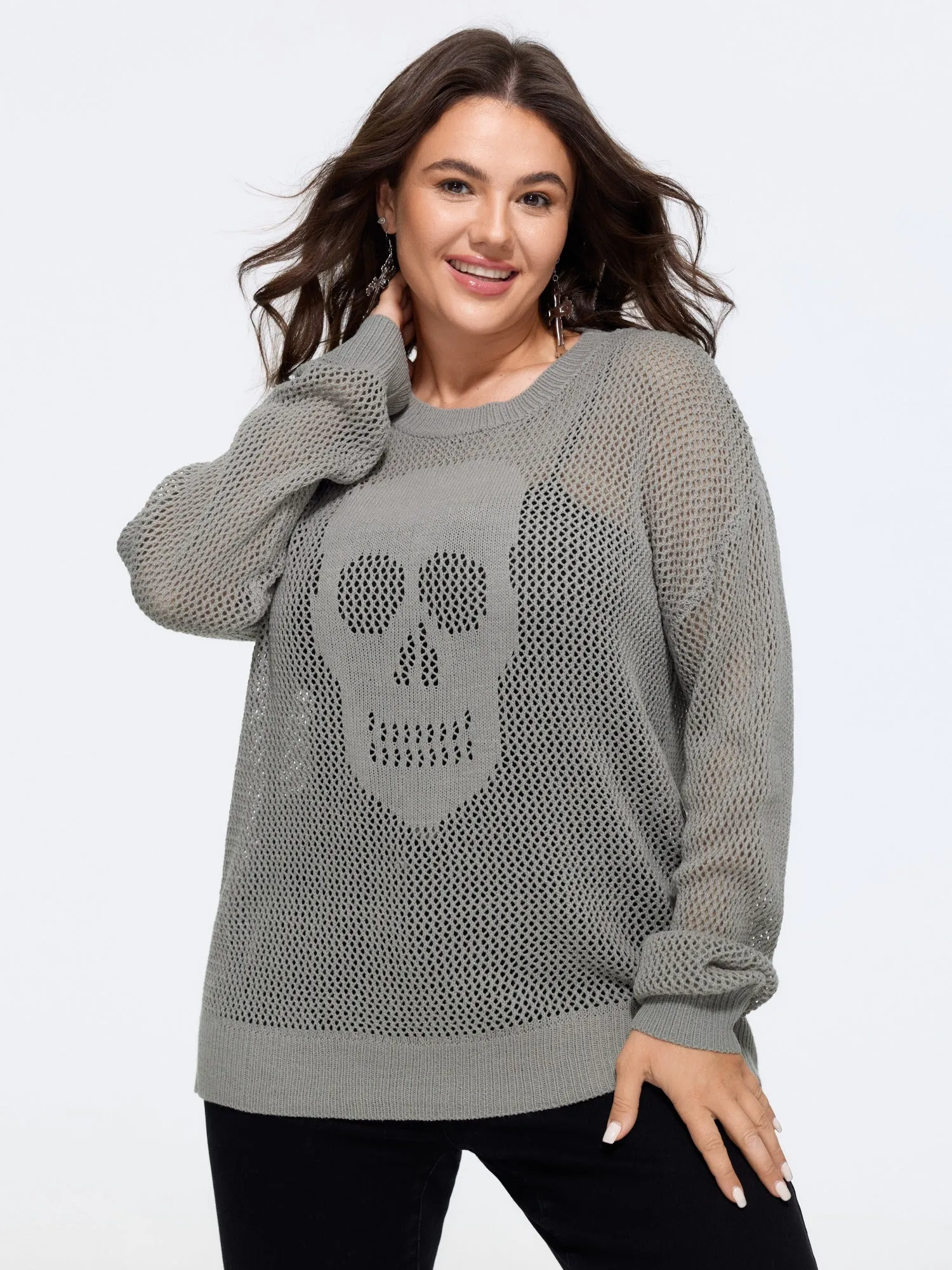 Sheer Skull Hollow‑Out Jacquard Crew Neck Pullover sold by Bloomchic product image thumbnail 3