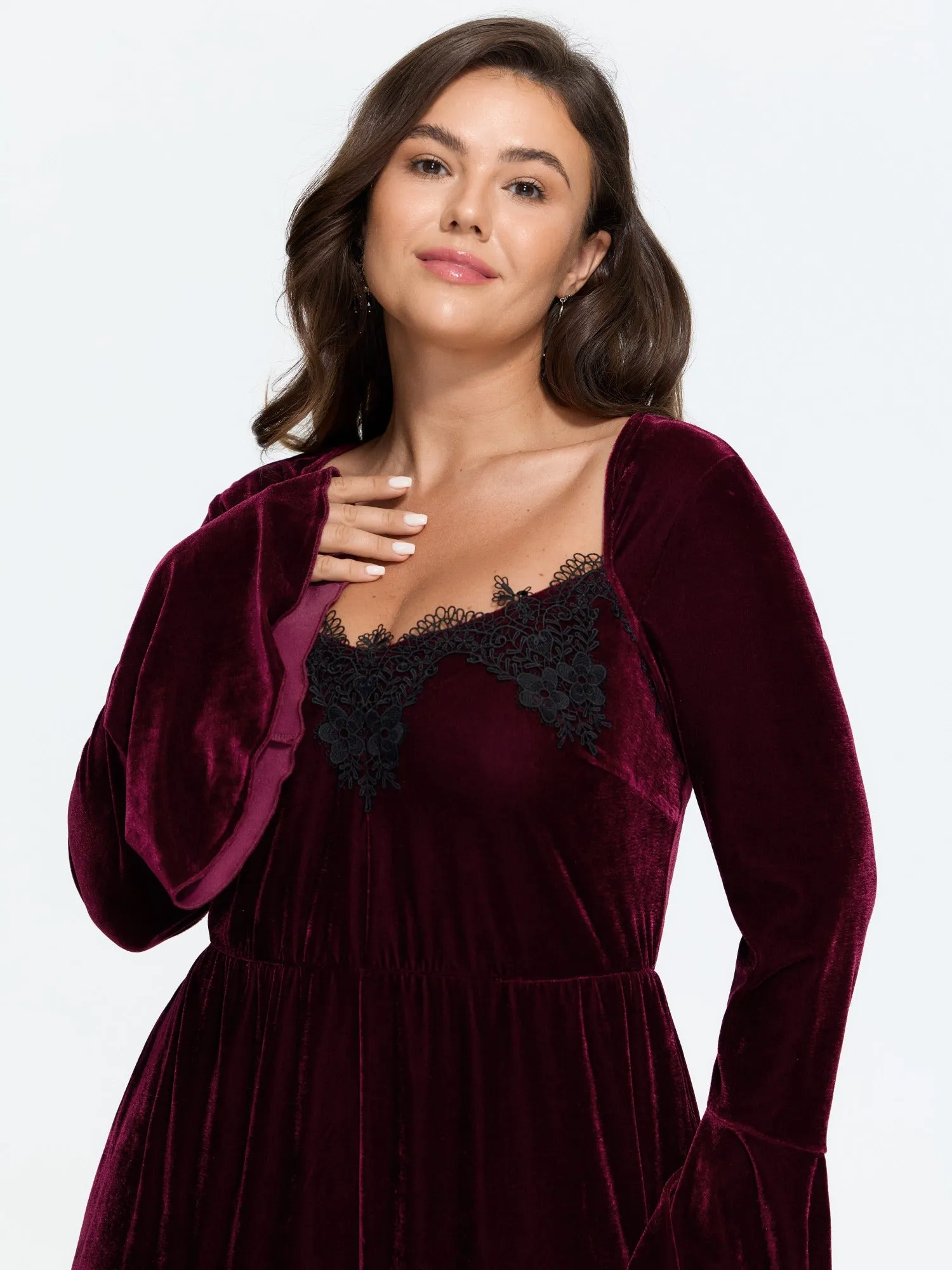 Velvet Lace Square Neck Bell Sleeve Wide Leg Jumpsuit sold by Bloomchic product image thumbnail 3