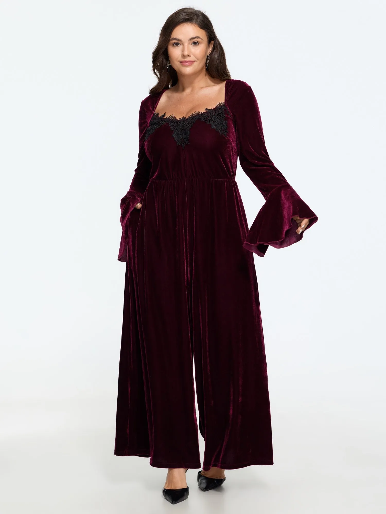 Velvet Lace Square Neck Bell Sleeve Wide Leg Jumpsuit sold by Bloomchic product image thumbnail 2