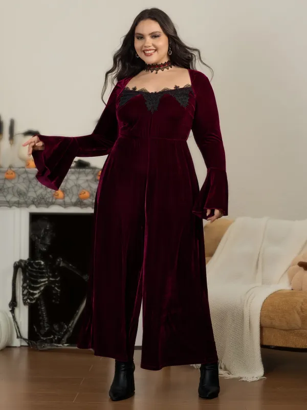Velvet Lace Square Neck Bell Sleeve Wide Leg Jumpsuit made by Bloomchic