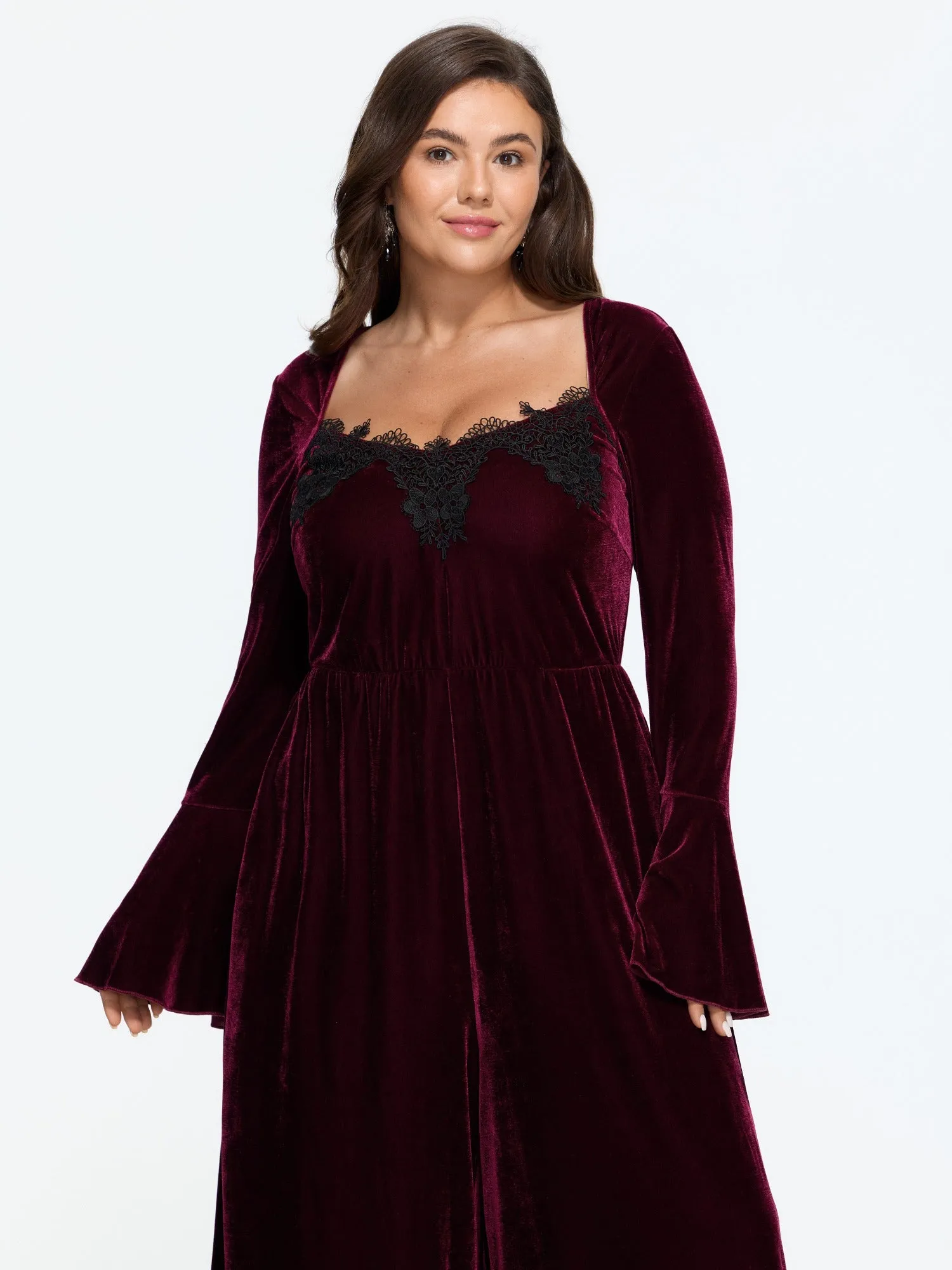Velvet Lace Square Neck Bell Sleeve Wide Leg Jumpsuit sold by Bloomchic product image thumbnail 5