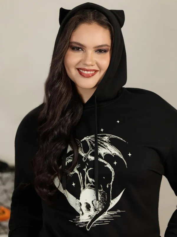 Skull Bat Print Cat‑Ear Hoodie Sweatshirt made by Bloomchic
