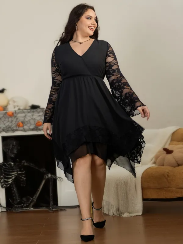 Lace Bell Sleeve High‑Low Hem Midi Dress made by Bloomchic