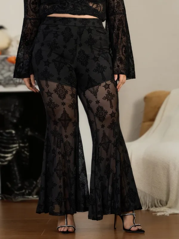 Stretchy Sheer Mesh Cross Star Flocked Flare Pants made by Bloomchic