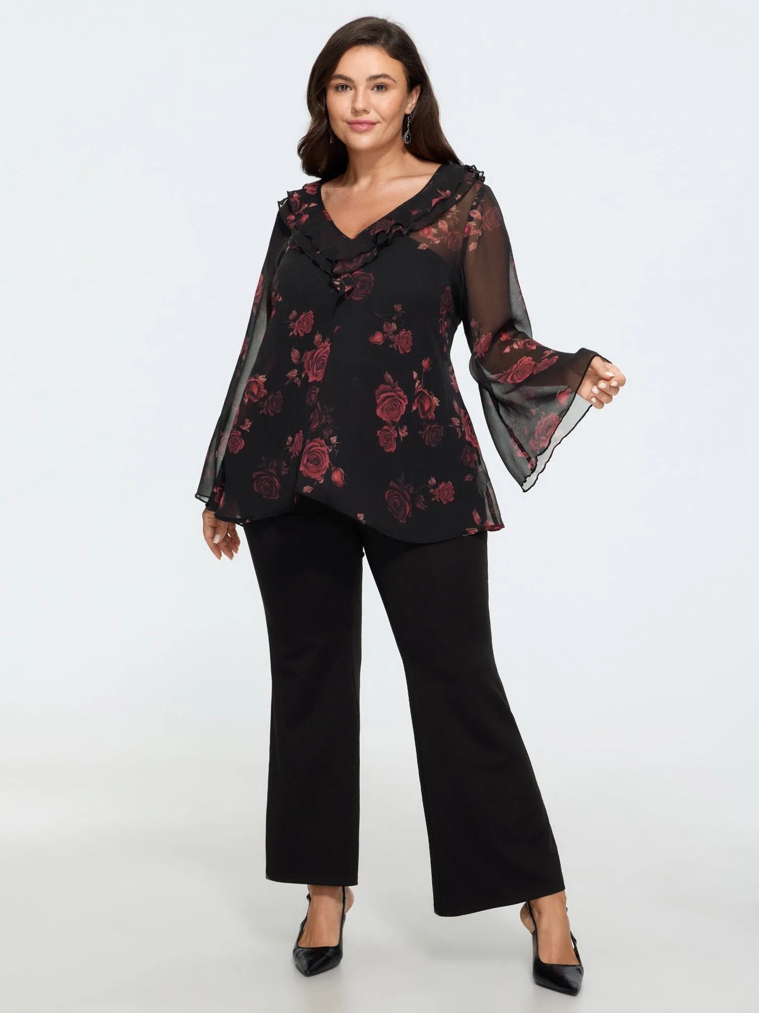 Rose Print Ruffle V‑Neck Sheer Chiffon Blouse sold by Bloomchic product image thumbnail 5