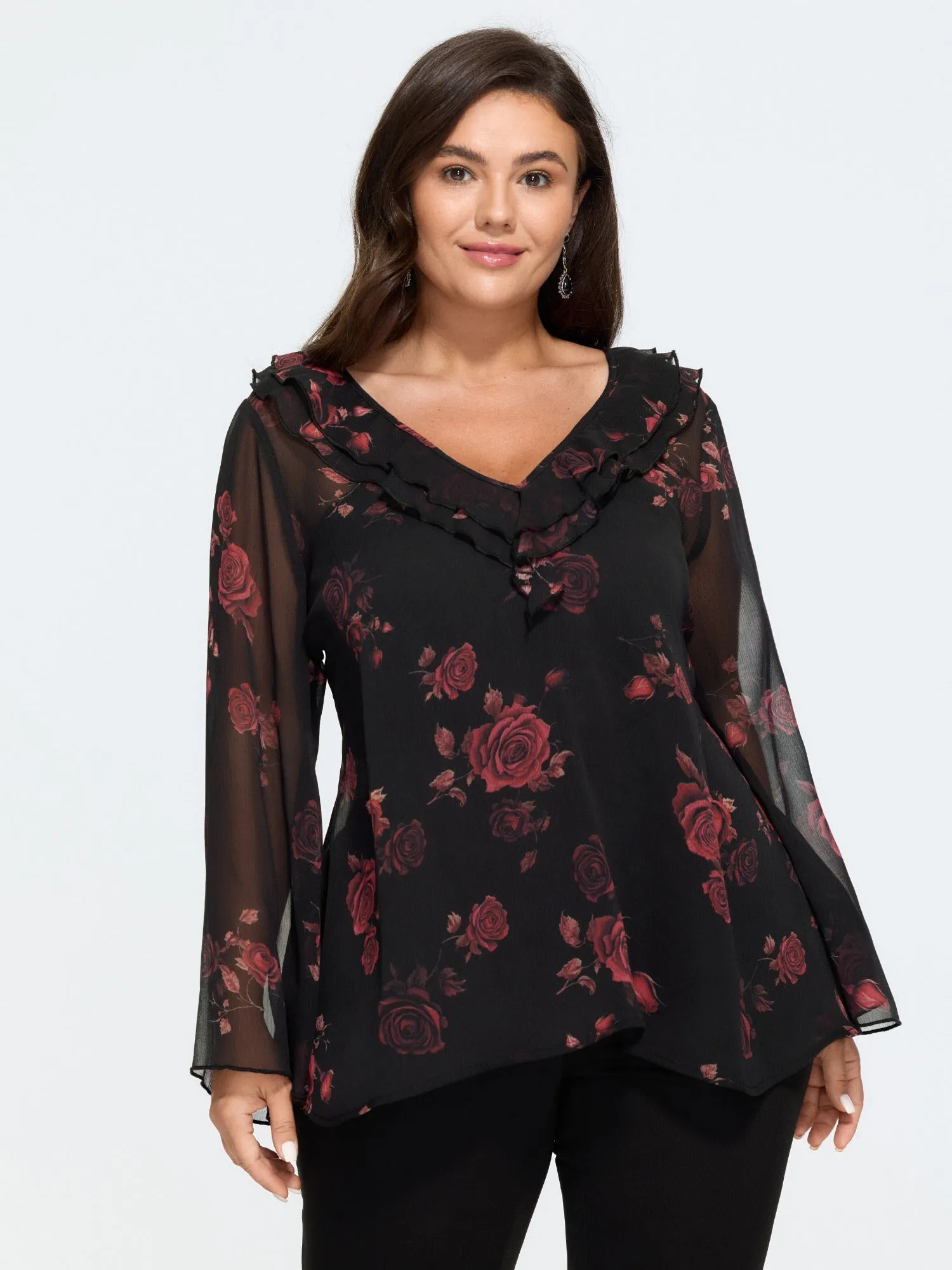 Rose Print Ruffle V‑Neck Sheer Chiffon Blouse sold by Bloomchic product image thumbnail 2