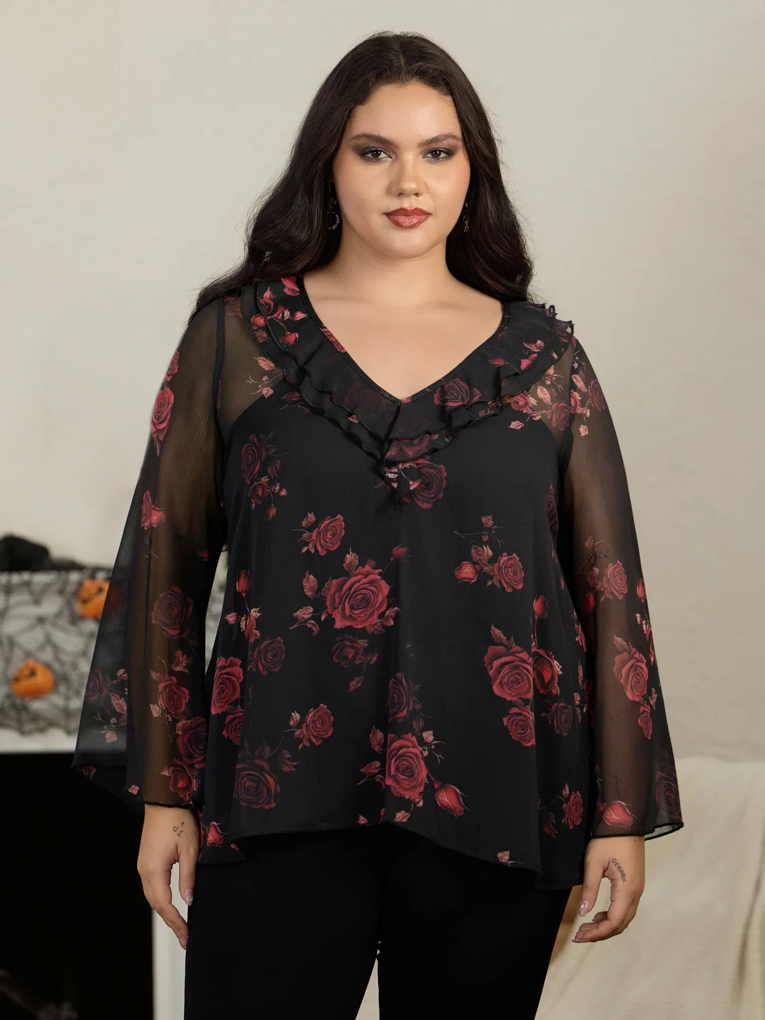 Rose Print Ruffle V‑Neck Sheer Chiffon Blouse sold by Bloomchic