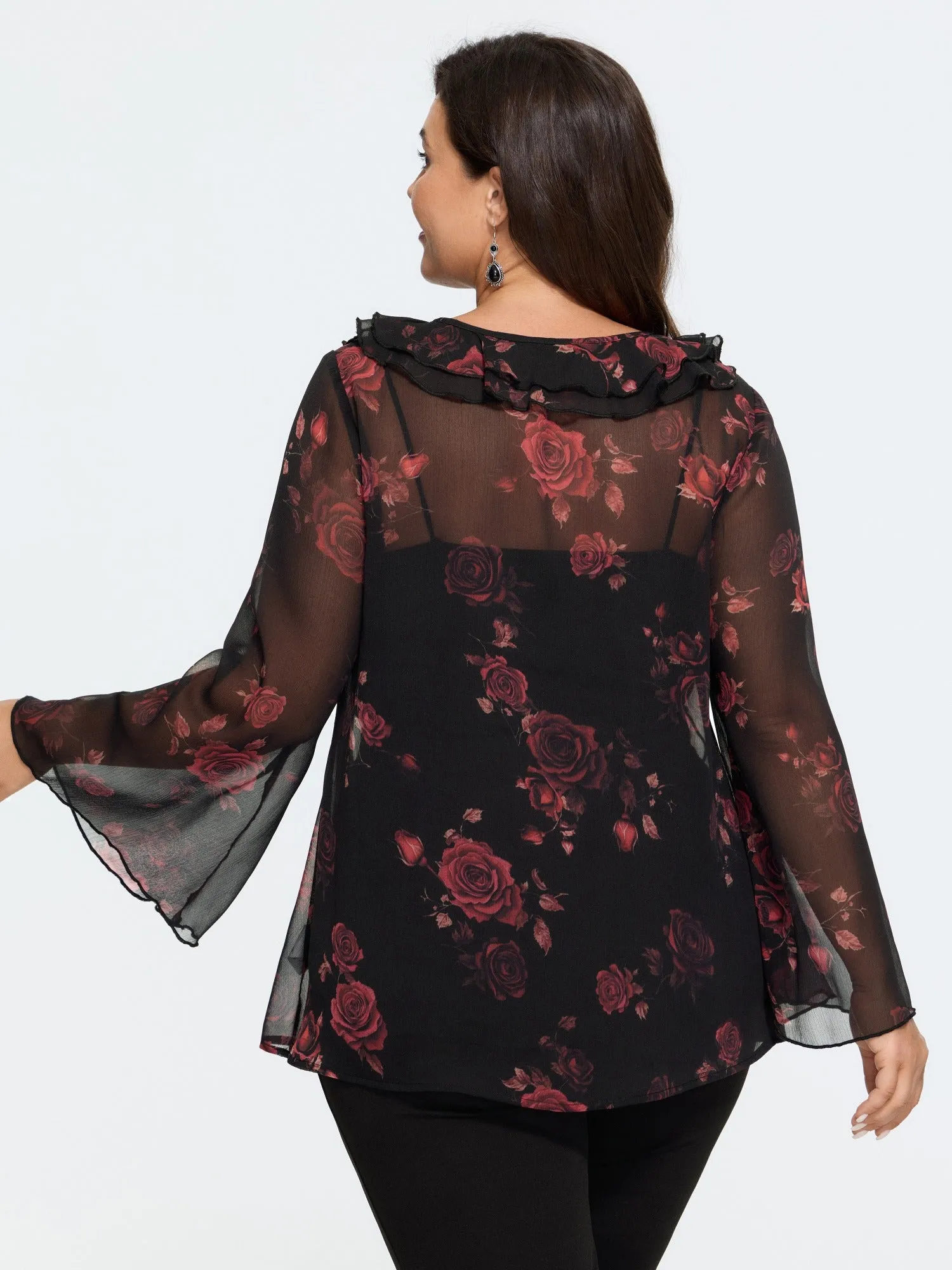Rose Print Ruffle V‑Neck Sheer Chiffon Blouse sold by Bloomchic product image thumbnail 4