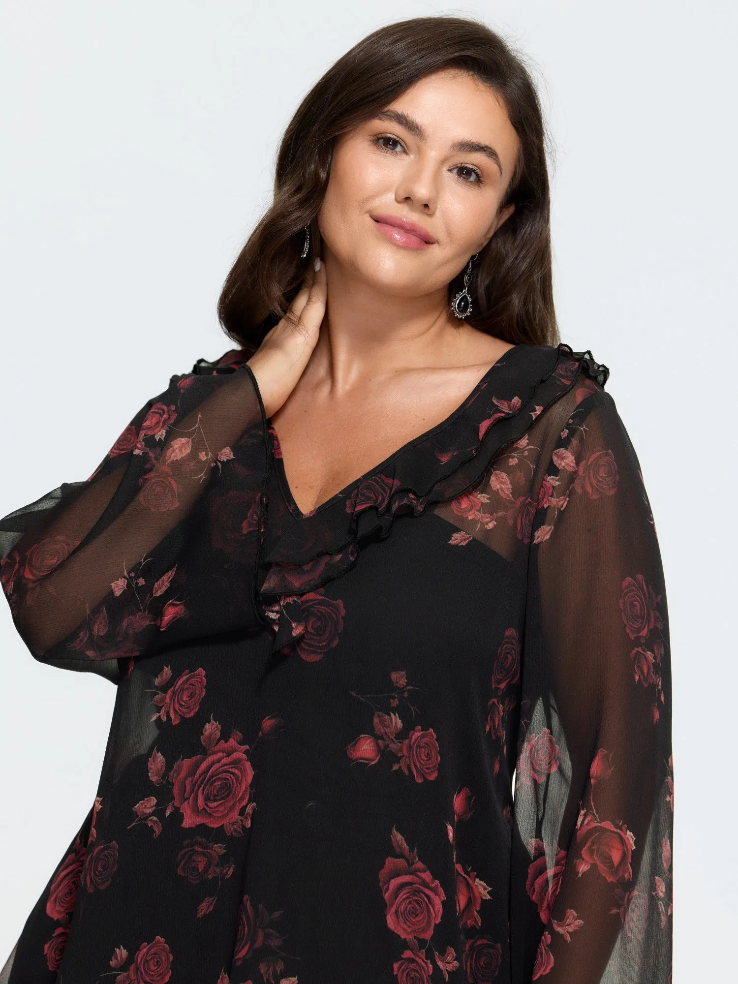 Rose Print Ruffle V‑Neck Sheer Chiffon Blouse sold by Bloomchic product image thumbnail 3