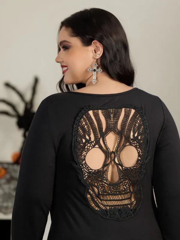 Stretchy Back Skull Lace Cutout Long Sleeve Top made by Bloomchic