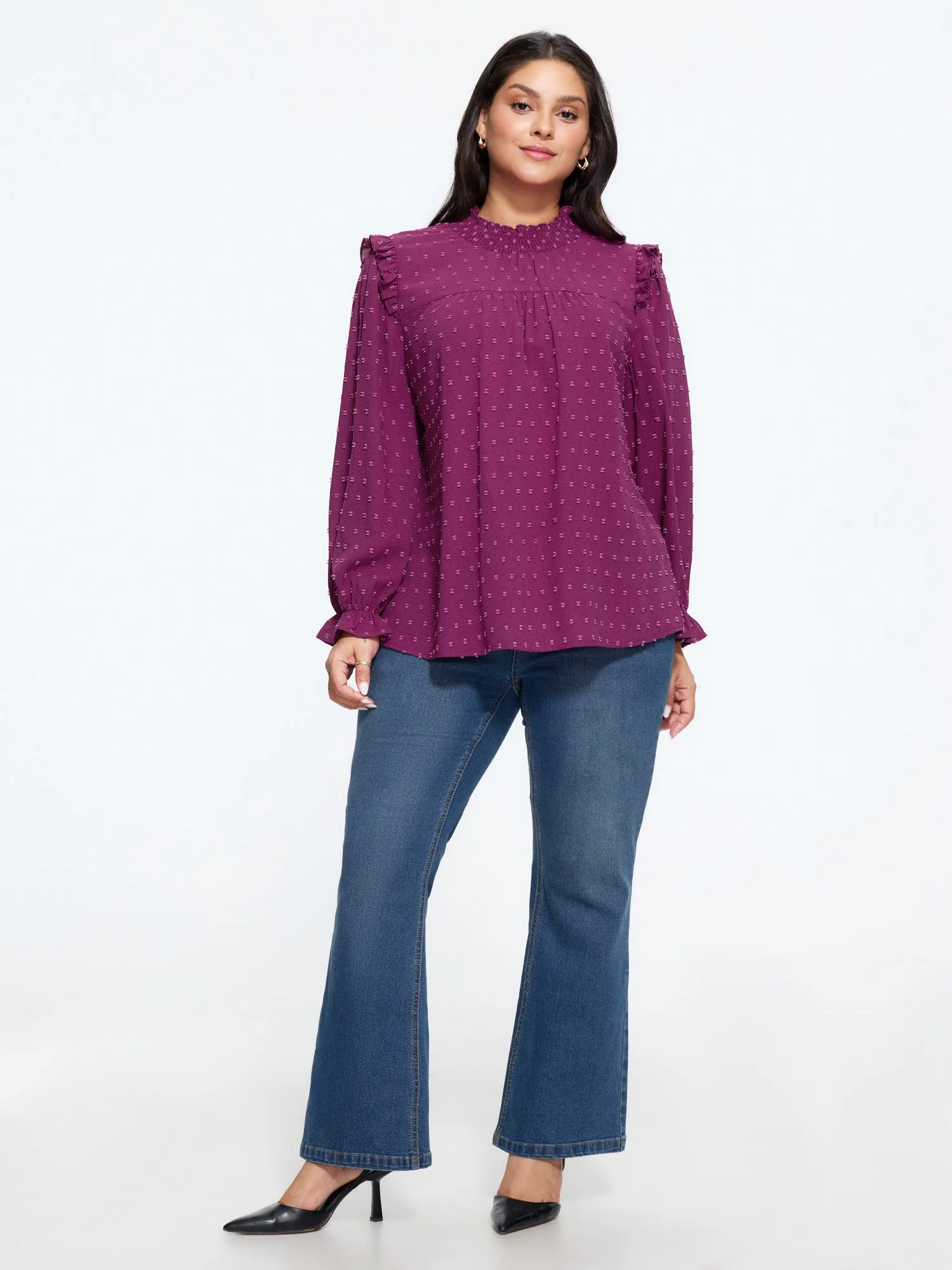 Textured Ruffle Shirred Mock Neck Blouse sold by Bloomchic product image thumbnail 4