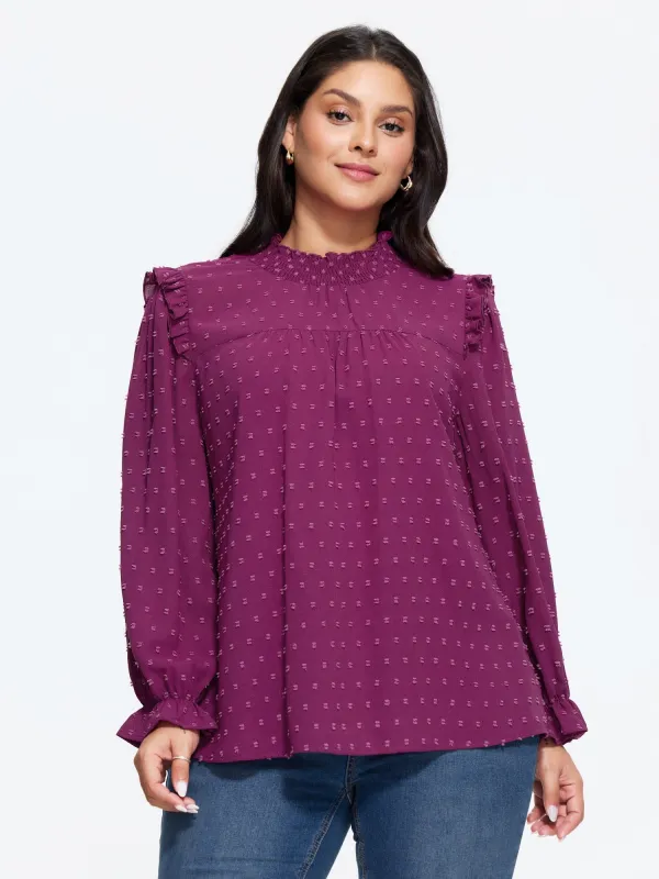 Textured Ruffle Shirred Mock Neck Blouse made by Bloomchic