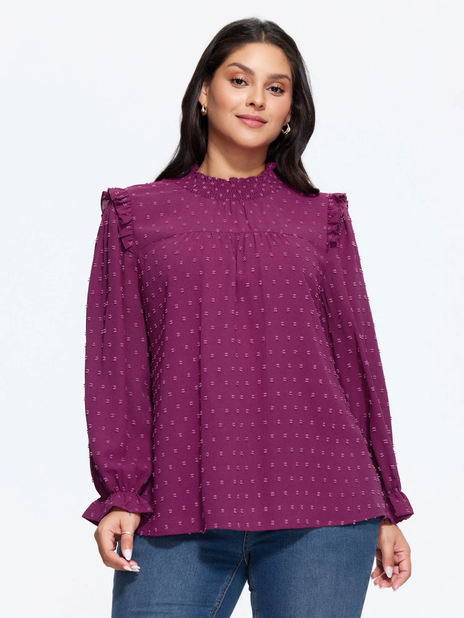 Textured Ruffle Shirred Mock Neck Blouse sold by Bloomchic