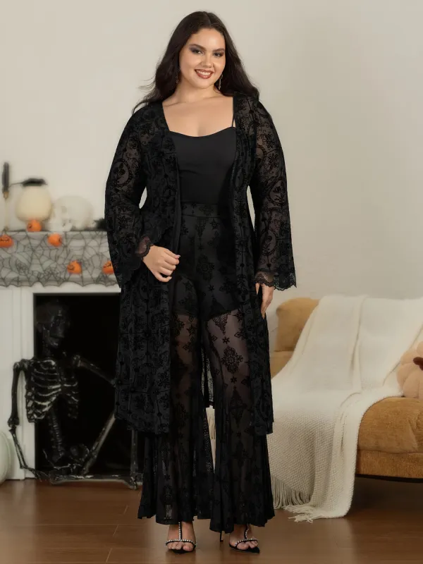 Floral Flocked Mesh Bell Sleeve Open Front Kimono made by Bloomchic