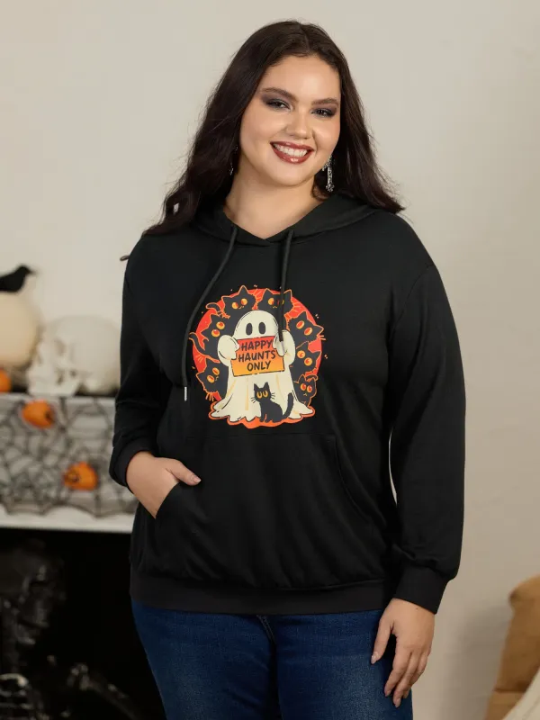 Happy Haunts Only Ghost Cat Print Hoodie Sweatshirt made by Bloomchic