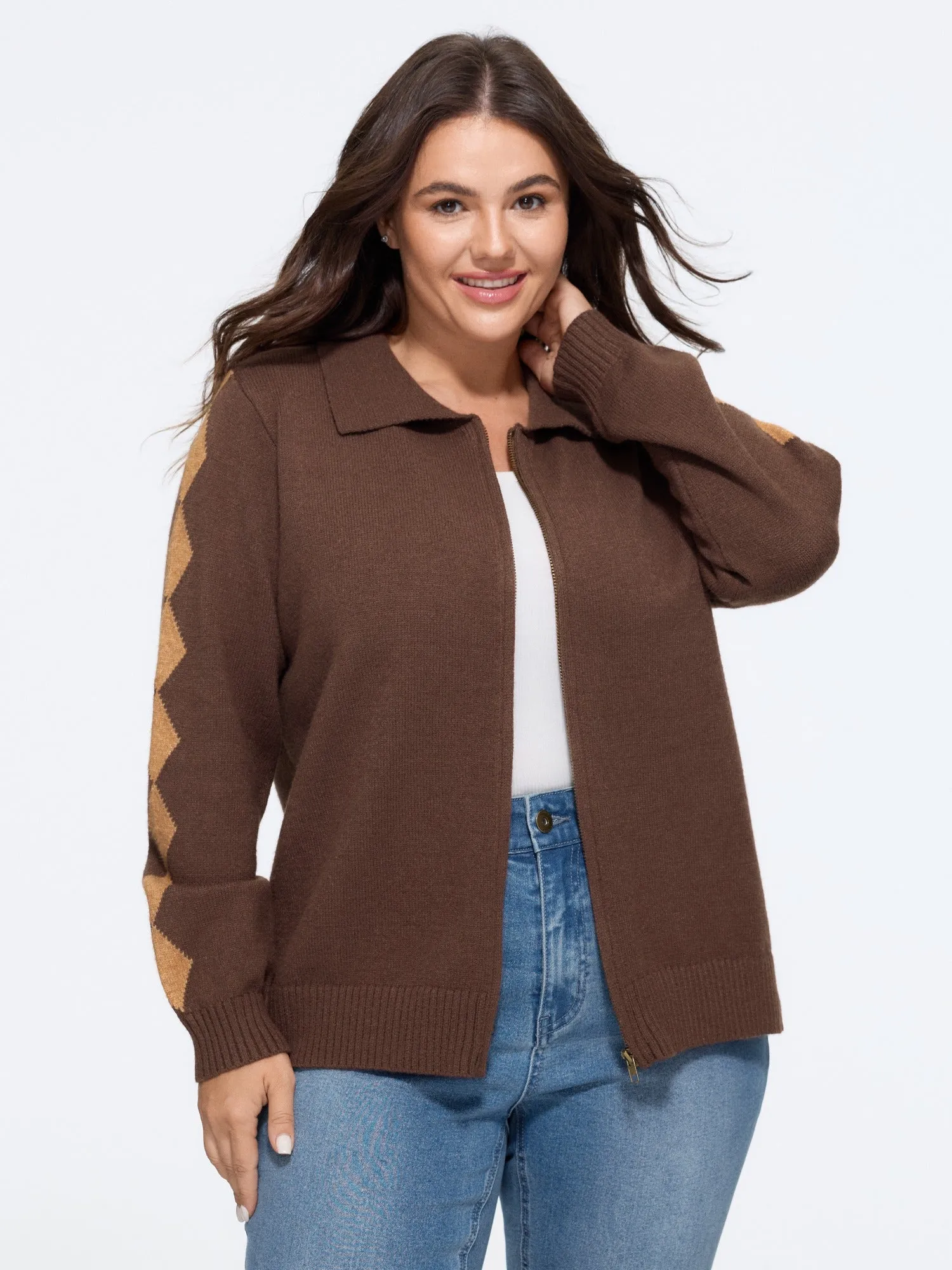 Supersoft Argyle Jacquard Sleeve Zip‑Up Cardigan sold by Bloomchic product image thumbnail 2