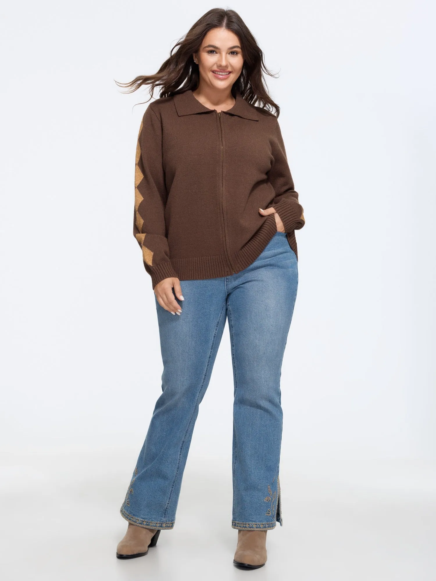 Supersoft Argyle Jacquard Sleeve Zip‑Up Cardigan sold by Bloomchic product image thumbnail 4