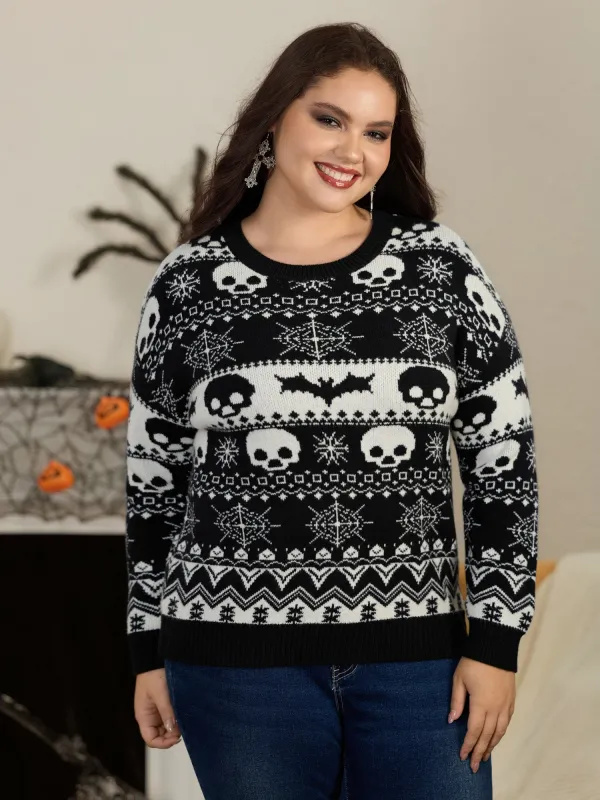 Supersoft Skull Bat Spider Web Pattern Crew Neck Pullover made by Bloomchic