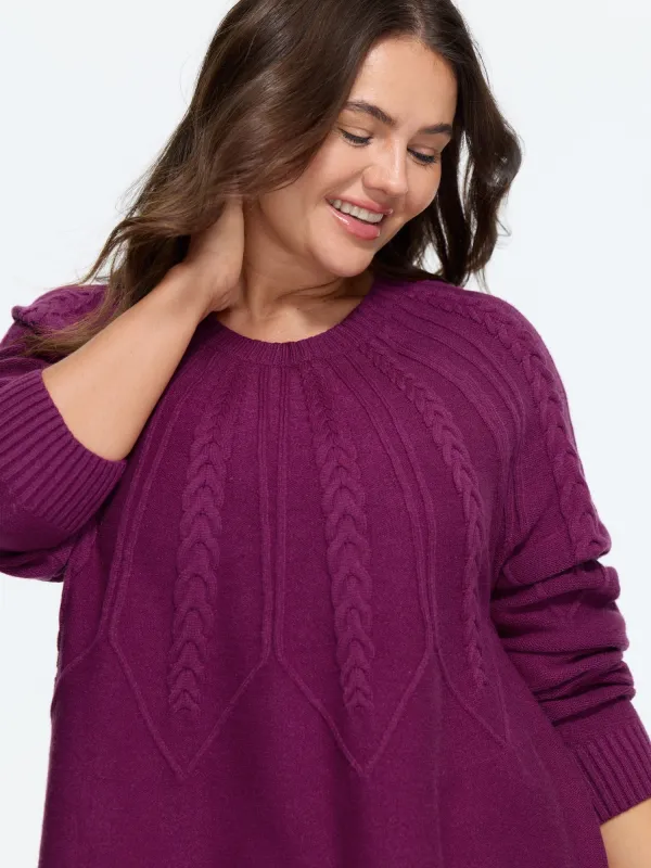 Textured Curved Hem Loose Fit Cable Knit Pullover made by Bloomchic