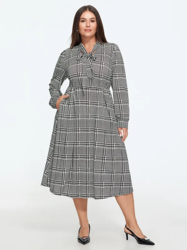 Bow Tie Neck Plaid Long Sleeve Midi Dress made by Bloomchic