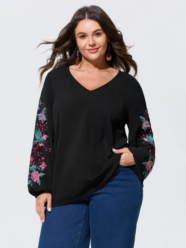 V‑Neck Floral Bird Embroidered Blouse made by Bloomchic